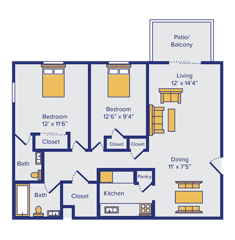 two bedroom one and a half bath floor plan