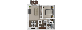 A 3D floor plan of a small apartment with a kitchen, living room, and bedroom.