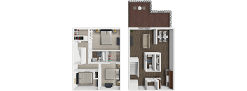 A 3D rendered image of two different house layouts.