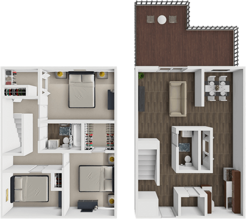 A 3D rendered image of two different house layouts.