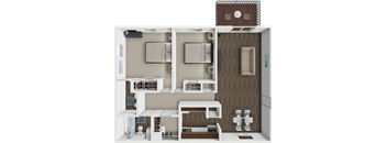 A 3D rendered image of a modern, minimalist kitchen and living room.
