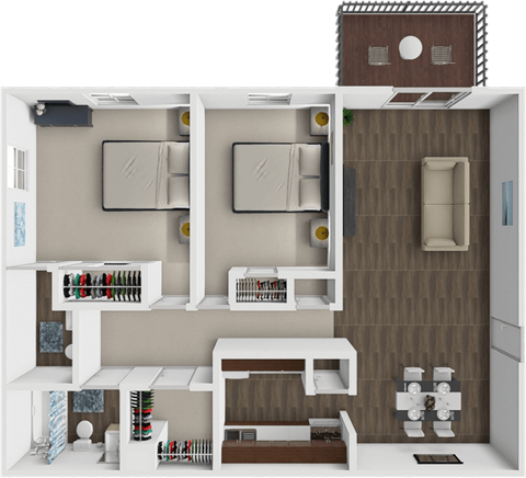 A 3D rendered image of a modern, minimalist kitchen and living room.
