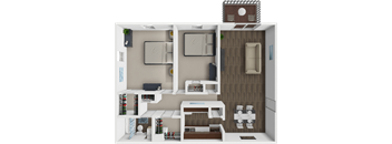 A 3D rendered image of a small apartment layout with a kitchen, living room, and bedroom.