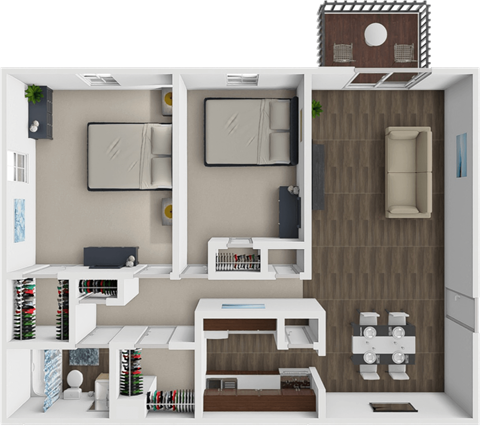 A 3D rendered image of a small apartment layout with a kitchen, living room, and bedroom.