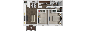 A top-down view of a small apartment with a bedroom, living room, and kitchen.