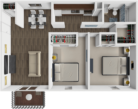 A top-down view of a small apartment with a bedroom, living room, and kitchen.