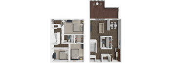 A 3D floor plan of a two-bedroom apartment.