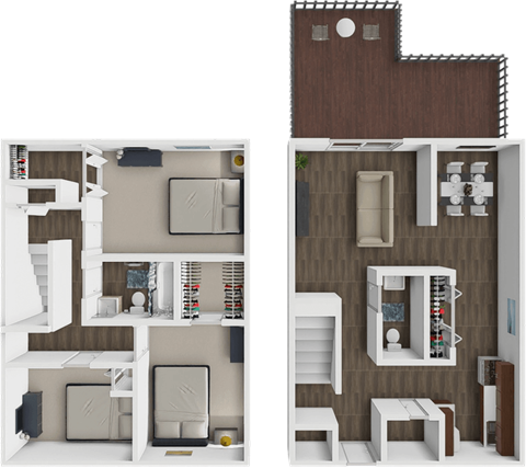 A 3D floor plan of a two-bedroom apartment.