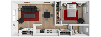 A living room with a red rug and a white couch.