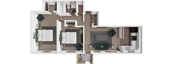 A floor plan of a house with two bathrooms, a kitchen, a living room, and a bedroom.