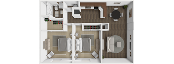a 3d floor plan of a 2 bedroom 1 bathroom apartments at the Oaks apartments