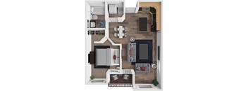 A top-down view of a modern apartment layout with a kitchen, living room, and bedrooms.