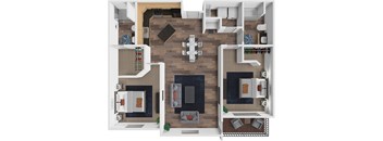 A top-down view of a modern apartment layout with a kitchen, living room, and dining area.