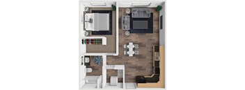 A modern kitchen with a dining area and a living room.