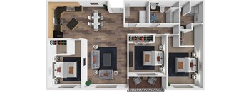 A top down view of a kitchen and living room.