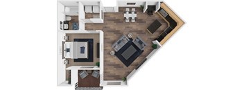 A top-down view of a modern living room with a kitchen area.