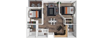 A top-down view of a modern kitchen with a dining area.
