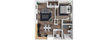 A top-down view of a modern kitchen and living room layout.