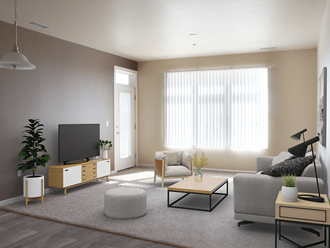 apartment living room with beige walls and a large window