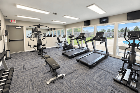 A gym with treadmills, weights, and exercise equipment.