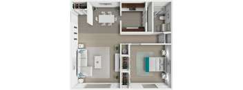 A 3D floor plan with 1 bedroom and 1 bathroom
