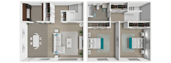 A 3D floor plan with 2 bedrooms and 1 bathroom
