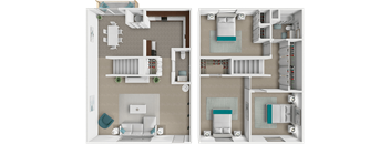 A 3D floor plan with 3 bedrooms and 2 bathroom