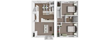 A top-down view of a modern apartment layout with a kitchen, living room, and bedroom.