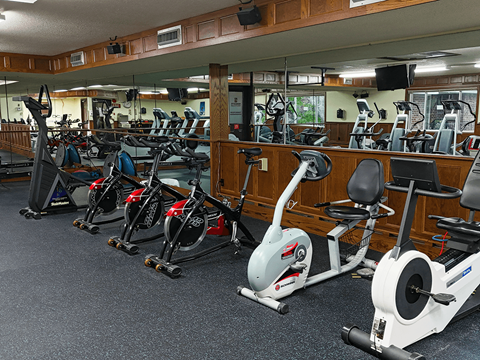 A gym with a variety of exercise equipment including treadmills, stationary bikes, and elliptical machines.