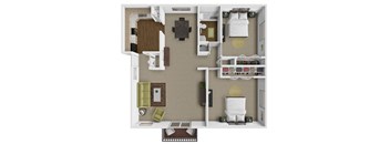 A 3D floor plan of a 2 bedroom apartment at tiffany woods.