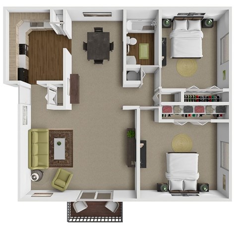 A 3D floor plan of a 2 bedroom apartment at tiffany woods.