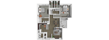 A detailed 3D floor plan of a multi-level apartment.