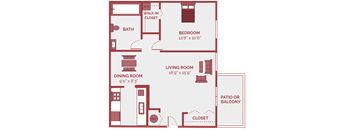 1 bed 1 bath floor plan of rentable apartment