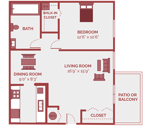 1 bed 1 bath floor plan of rentable apartment