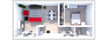 a 3d rendering of a bedroom with a living room