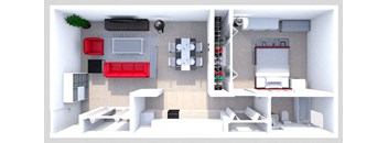 a 3d rendering of a bedroom with a living room