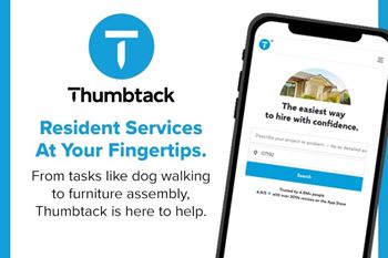 A smartphone displaying an app called Thumbtack, which offers resident services.