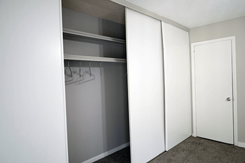 A white closet with a door and a shelf.