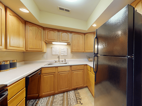 a kitchen with a refrigerator and a sink