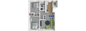 2 bed 1 bath floor plan at Village Square Apartments