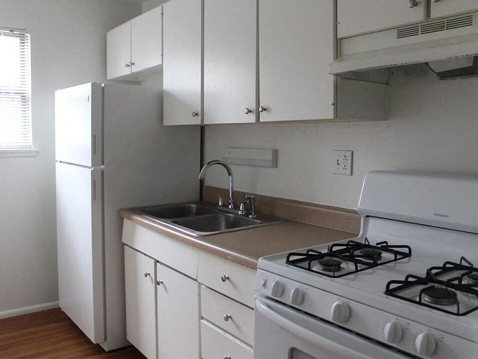 a kitchen with a stove and a double bowl sink and a refrigerator