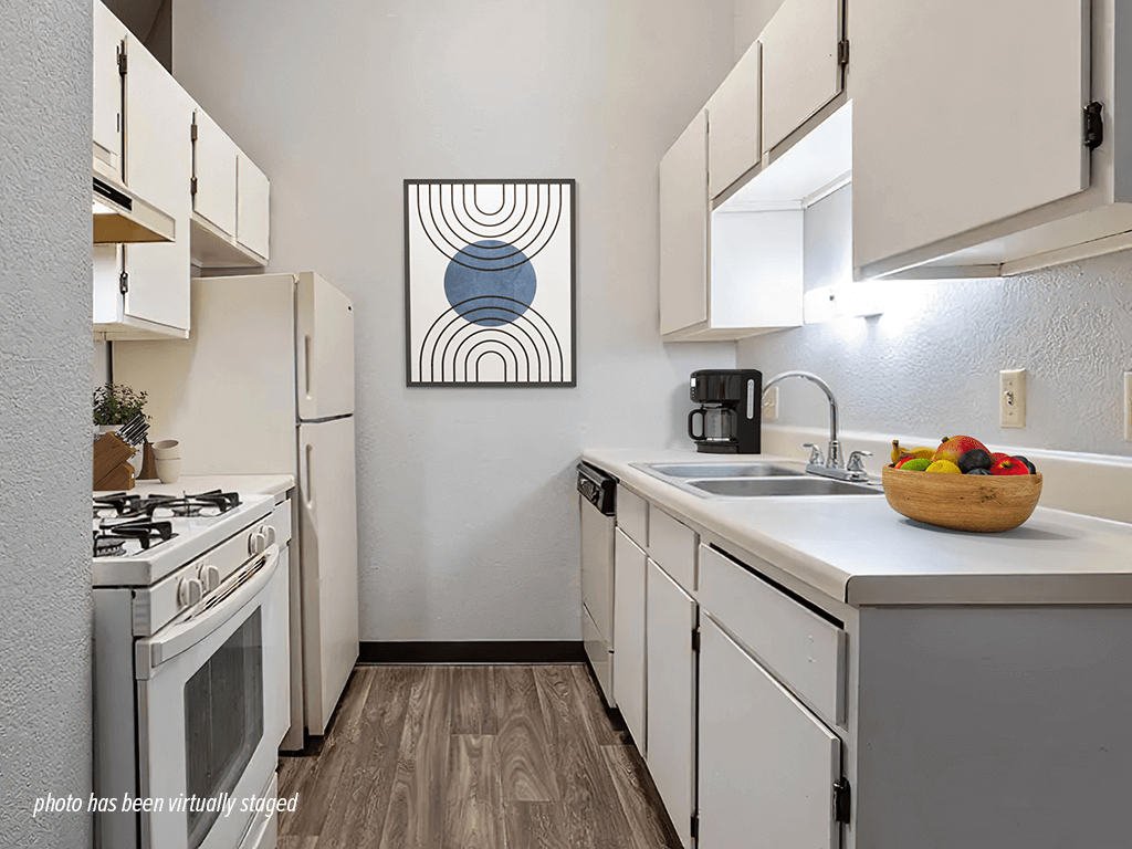 Apartment kitchen with a stove, sink, dishwasher, and cabinets.