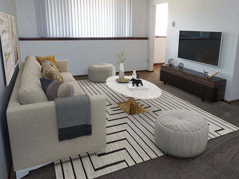living room with window and mini blinds in winchester apartments