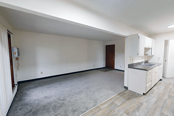 A kitchen area with a sink and cabinets.