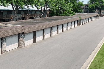 A long row of garage doors are rentable.
