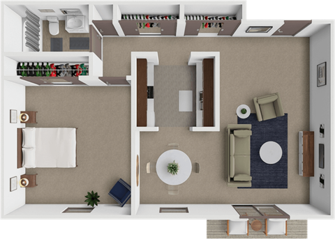 a 3D floor plan of 1 bedroom apartment floor plan in Brooklyn Park, MN