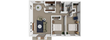 A 3D floor plan of a 2 bedroom 1 bathroom apartment in brooklyn park