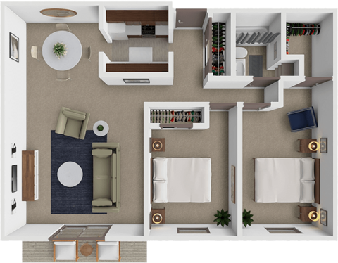 A 3D floor plan of a 2 bedroom 1 bathroom apartment in brooklyn park