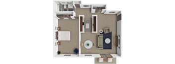 A 3D floor plan of a 1 bedroom 1 bathroom apartment in Brooklyn Park, MN
