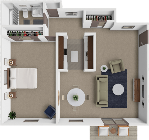 A 3D floor plan of a 1 bedroom 1 bathroom apartment in Brooklyn Park, MN